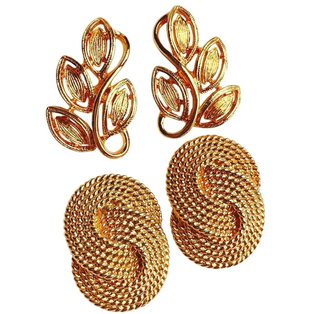 Lot Of 2 Earrings Signed Napier Leaf & Rope Knot Design Gold Tone Post